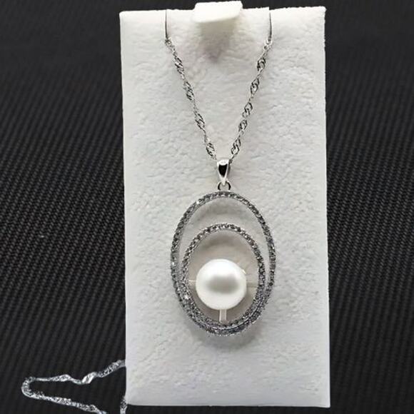 Natural Freshwater Pearl Necklace Pendant Double Layer Circle Zircon Silver NWT - Picture 2 of 11